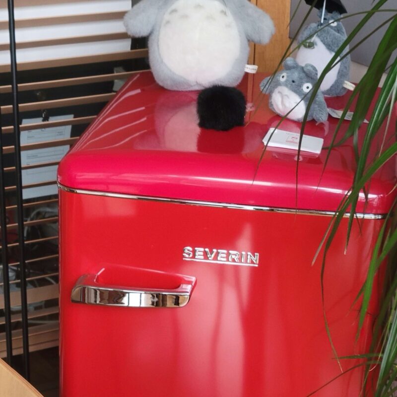 Peluches sur le frigo rouge de la réception